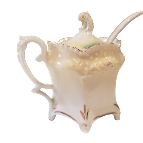 Antique Prussia China Small Pot Lid Spoon Prussian Sugar Bowl Jam Pot Gold Trim - Picture 2 of 6